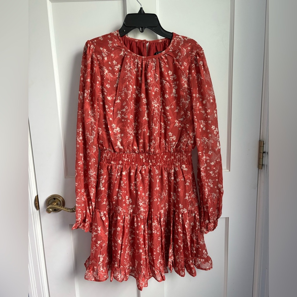 Lulu’s Longsleeve Ruffle Floral Dress - size S - color: metallic orange, white